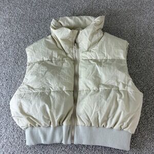 Garage Puffer Vest Sleeveless Padded Jacket Crop Top High Neck Beige Casual